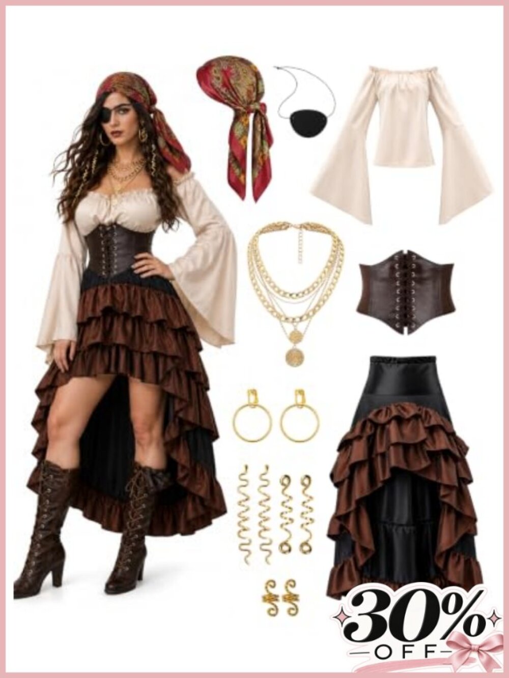 Pirate Costume Women Set w/ Corset Skirt & Accessories